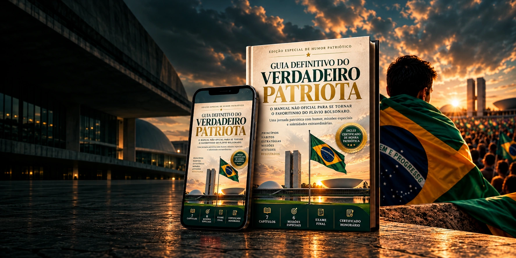 Representação da capa do e-book junto a um smartphone com o mesmo guia em PDF, diante de uma cena brasileira ao pôr do sol.