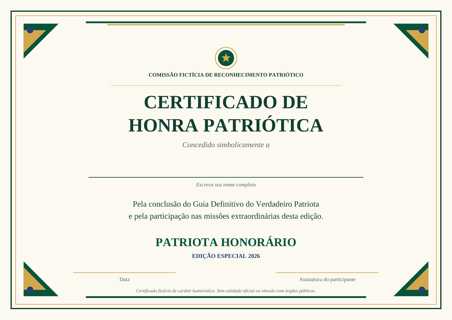 Modelo do Certificado de Honra Patriótica, com bordas verdes e douradas e campos para nome, data e assinatura.